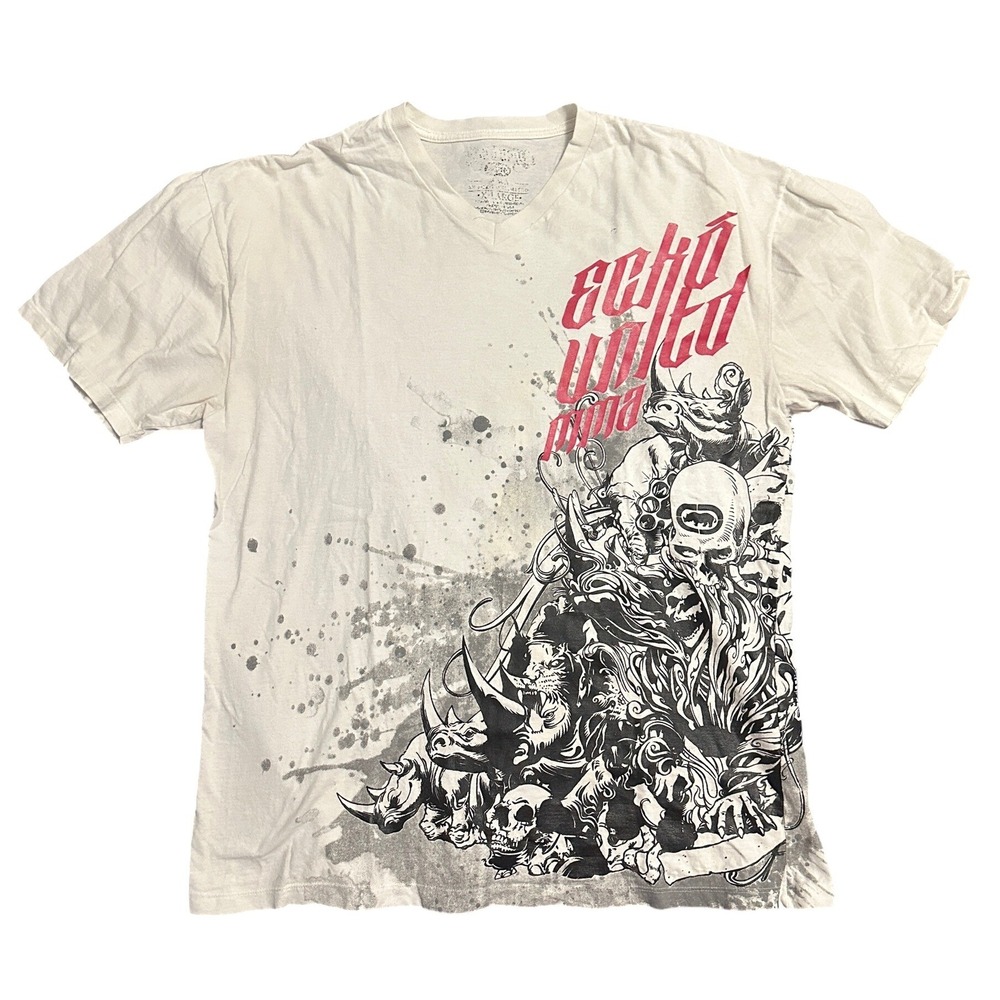 Ecko Unltd Men's V-Neck Graphic T-Shirt White XL Rhino Skull Streetwear Y2K